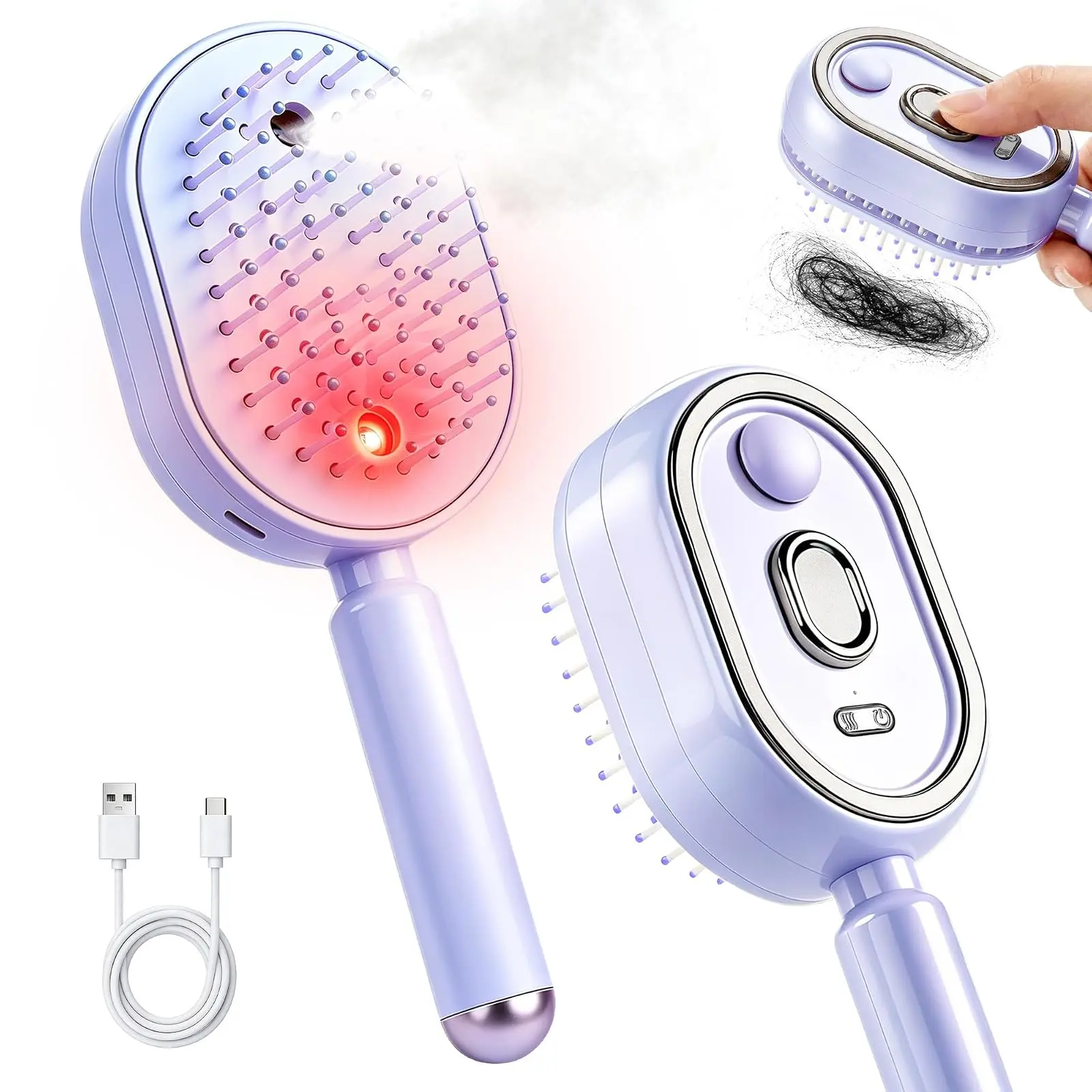Electric Mist Air Cushion Brush,Self-Clean Detangler for Frizzy Hair,Purple | Self-Cleaning Mist Spray, Anti-Tangle Air Cushion Massage, Shine Boost for Frizzy Hair, Great Gift for Her