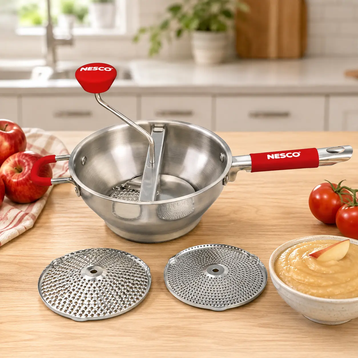 NESCO Stainless Steel Food Mill with 3 Grinding Discs, Manual Food Strainer for Purees, Sauces, Jams, Mashed Potatoes & Baby Food
