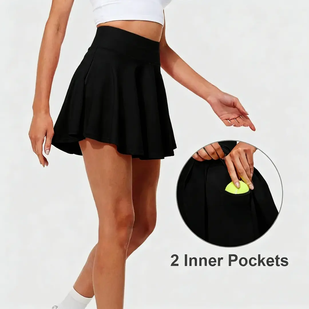 Women's Flowy Pleated Tennis Skort in Opaque Knit Fabric, High-Waist Fitted Design with Tummy Control and 2 Pockets for Golf, Stretchy Skorts, Skirt + Shorts