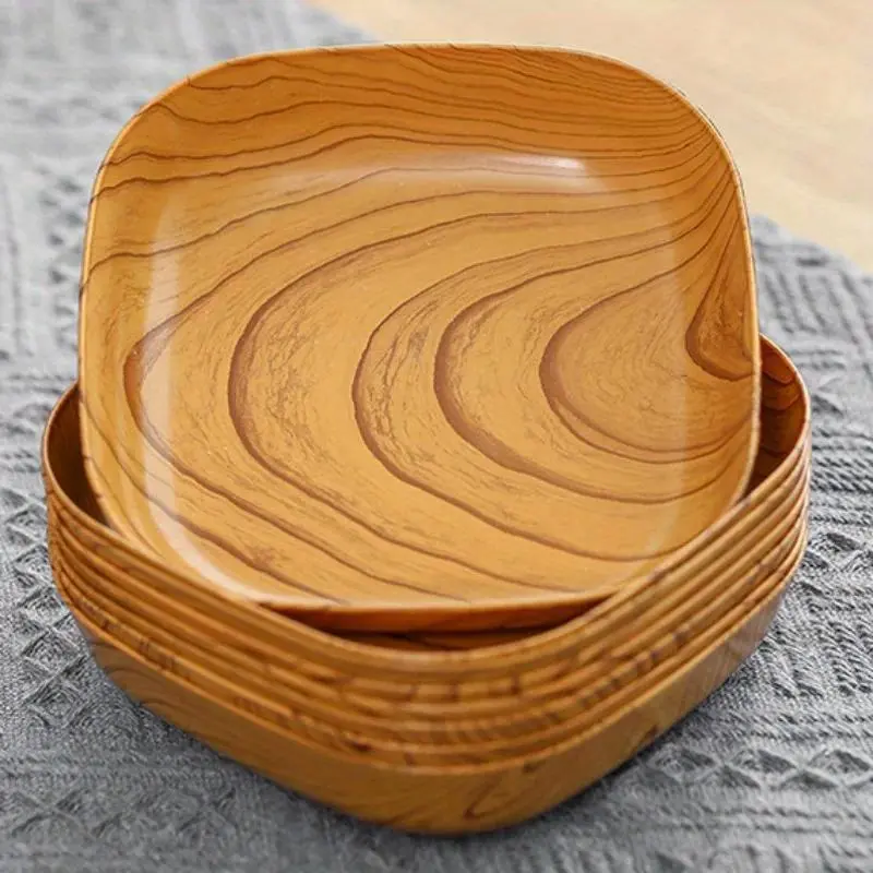 4-Piece BPA-Free Plastic Wooden-Look Snack Plates - Stylish Serving Plates for Sushi, Dry Fruits, Eid Al-Adha Mubarak Celebrations, Kitchen Tableware