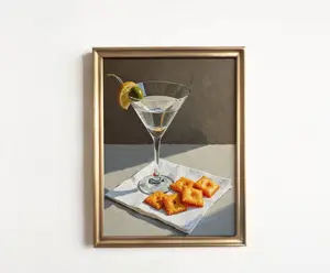 Martini and Cheese Crackers Print | Cute Quirky Whimsical | Cocktail Art Bar Cart Decor | Elegant Oil Painting Gift | Trendy Kitchen Wall