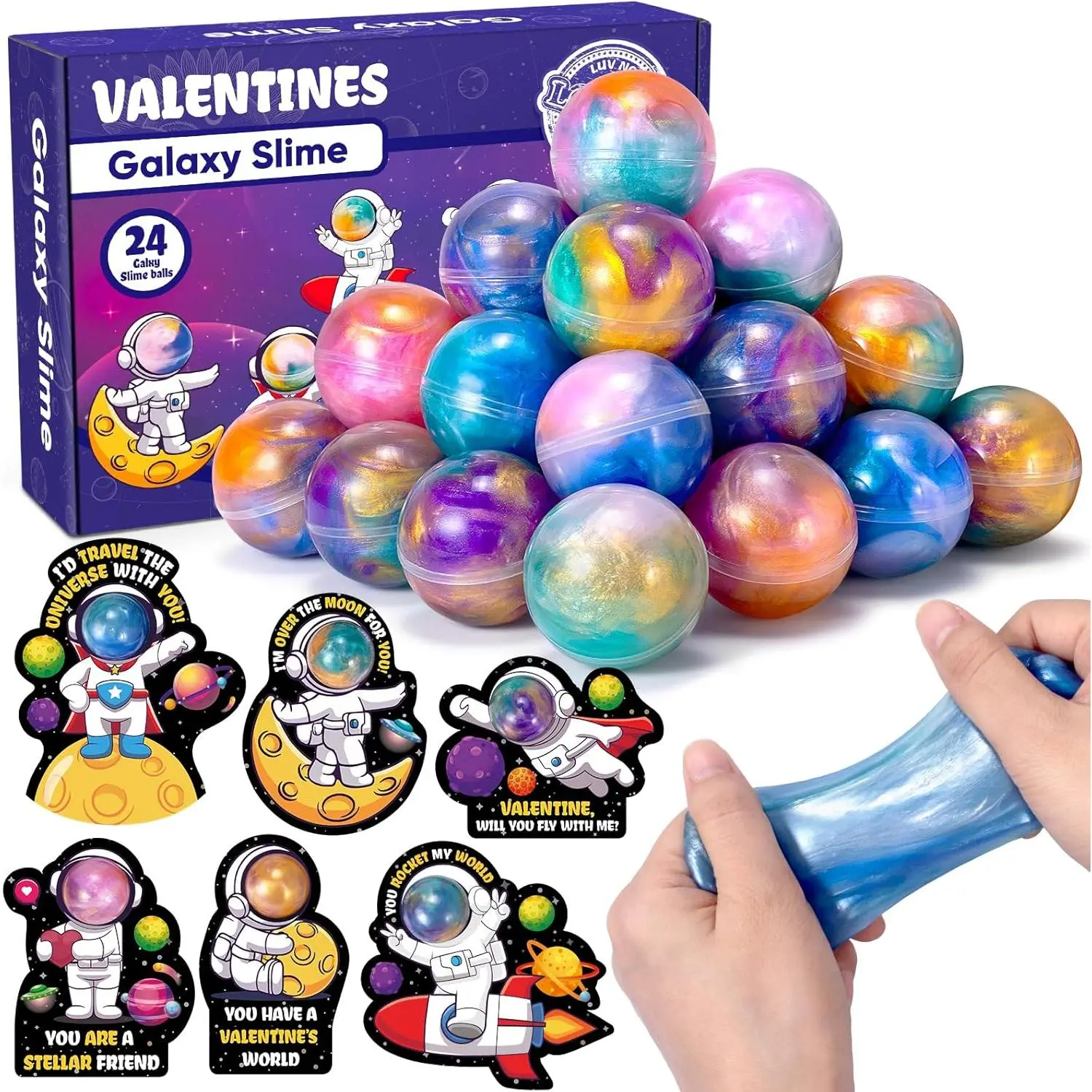 24 Valentines Day Cards for Kids School with Galaxy Slime, Valentines Day Gifts for Kids Classroom  Valentines Toy Slime Party Favors, Classroom Exchange Gifts