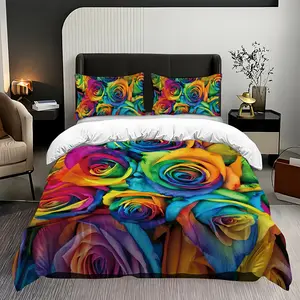 3 Pieces Rainbow Rose Pattern Printed Decorative Bedding Set, Tie-dye Flower Duvet Cover with 2 Pillowcases Without Filling, bring vitality to your bedroom and make the sleep experience more colorful, available in all seasons, and can be used as a gift