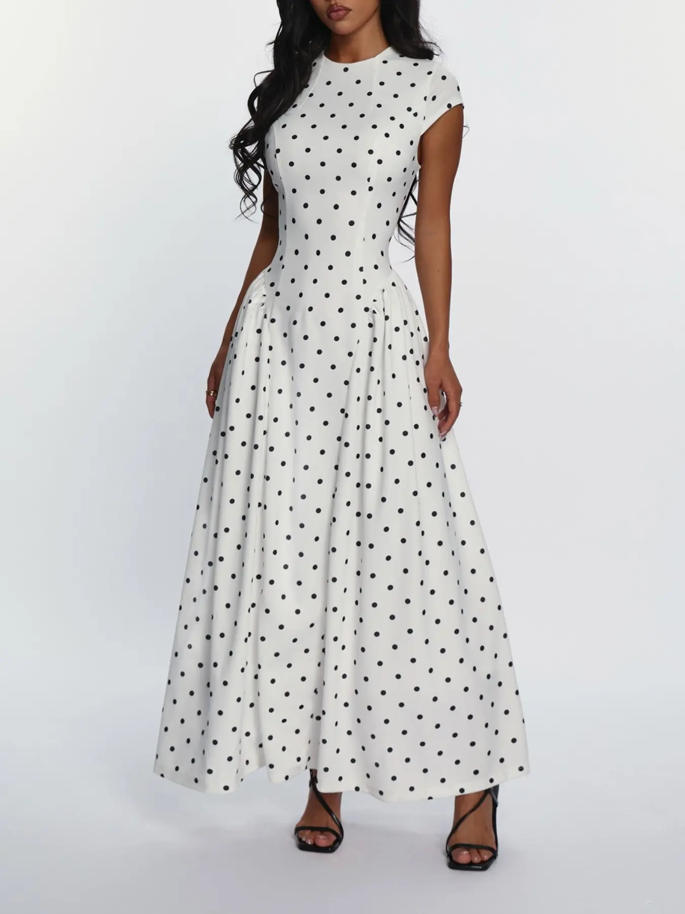 White Polka Dot Maxi Dress Womens Elegant Cap Sleeve Crew Neck A Line Long Dress Slim Fit Fitted Flowy Skirt Vintage French Chic Style Casual Party Wedding Guest Date Night Vacation Summer Streetwear Fashion Dress Womenswear