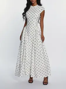 White Polka Dot Maxi Dress Womens Elegant Cap Sleeve Crew Neck A Line Long Dress Slim Fit Flowy Skirt Vintage French Chic Style Casual Party Wedding Guest Date Night Vacation Summer Streetwear Fashion Dress