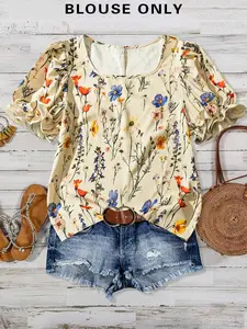 Women's Colorful Floral Printed Shirt, Square Neck Bubble Sleeves, Irregular Hem, Casual Long Fitted Top, All over Print