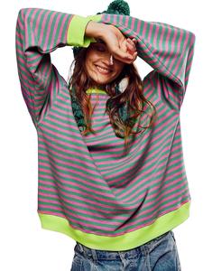 women's colorblock striped print contrast binding drop shoulder sweatshirt, casual long sleeve round neck pullover for fall & winter, ladies clothes for daily wear, t shirts for women, go out tops, longsleeves sweatshirts women, clothes for women