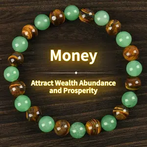 Green Aventurine and Tiger's Eye Beaded Bracelet, Adjustable Money Attraction Amulet for Prosperity and Wealth, Crystal Charm Jewelry for Parties