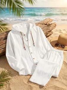 Men’s linen new summer bestsellers two-piece set: hooded long-sleeve button-up shirt with drawstring + loose drawstring pants. Lightweight, comfortable, breathable fabric. Men’s beach vacation, leisure, everyday minimalist casual athletic outfit.