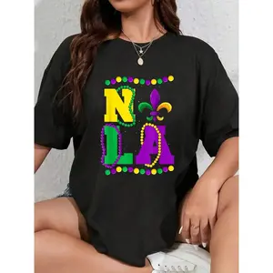 100% Cotton Mardi Gras Nola Fleur-De-Lys &amp;   Beads Apparel. Men Women Kids T-Shirt Men's Women's Soft Breathable Tee Classic Fashion Summer Tops Summer, Cotton, Casual, Short Sleeve, Graphic Tee, Soft, Breathable, Loose Fit, Streetwear, Daily Wear, T-