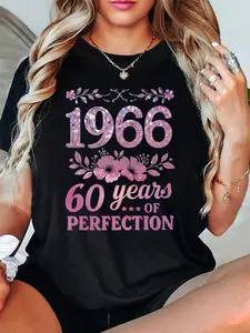 Plus Size, Women's 1966 60th Birthday T-Shirt - 60 Years Gift, Pink-Black Short Sleeve Round Neck Top with Glitter Flower & Slogan, Casual Elegant Party Outfit Suitable for Birthday
