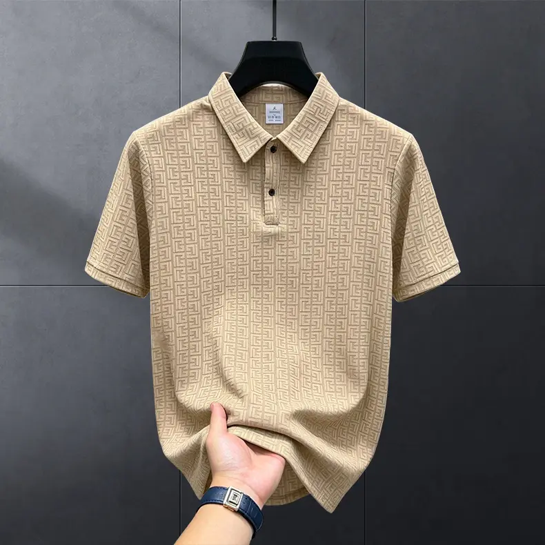 Men's Polo Shirt - Smart Casual Geometric Jacquard Top, Lightweight Short Sleeve with Eagle Emblem for Summer Wear, Basic, Graphic