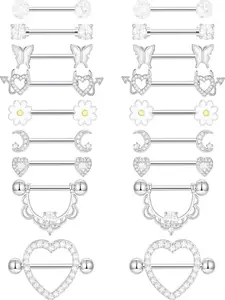 9 Pairs Nipple Piercing Jewelry Cute Dazzling & Trendy Style (Multiple Shapes: Butterfly/Heart/Flower, 14G(1.6mm), Stainless Steel & Internal Thread Design, Comfortable to Wear) for Women & Girls (Body Piercing Styling, Beach & Daily Outfits)