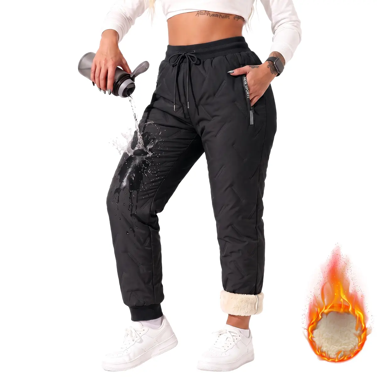 JOGWAVE Women's Polyester Fleece-Lined Mid-Waist Full-Length Loose-Fit Winter Pants with Zip Pockets, Warm Casual Trousers for Everyday Wear & Outdoor Activities, Christmas Gift Option