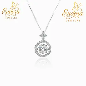 Eudora Moissanite "Flickering" Halo Necklace, 1 Carat D Color, Dancing Stone Pendant, Romantic Anniversary, Christmas, Valentine's Gift for Her