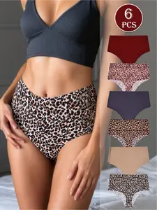 6-Pack Women's Nude-Feel Seamless No-Show Underwear, Mid-Rise Invisible Bikini Panties, Breathable & Comfortable, Multiple Colors + Leopard Print, Soft Blended Fabric, Seamless Breathable Design
