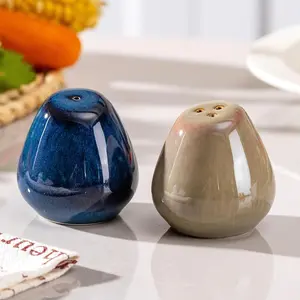 Salt and Pepper Shakers Set of 2, 2oz Farmhouse Style, Vintage Cute Mini Salt Shakers, Reactive Glaze Blue & Brown, Perfect for Compact Cooking, Travel, BBQ, and Resturant
