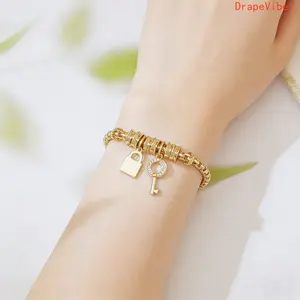 Gold Tone Lock And Key Pendant Bracelet Minimalist Luxury Design Stylish Chain Jewelry For Women Daily Wear
