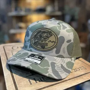 Marsh Camo / Loden Hooked on Bass Leatherette Patch Hat 112 - Camo Two-Tone Cap with a Bass Patch