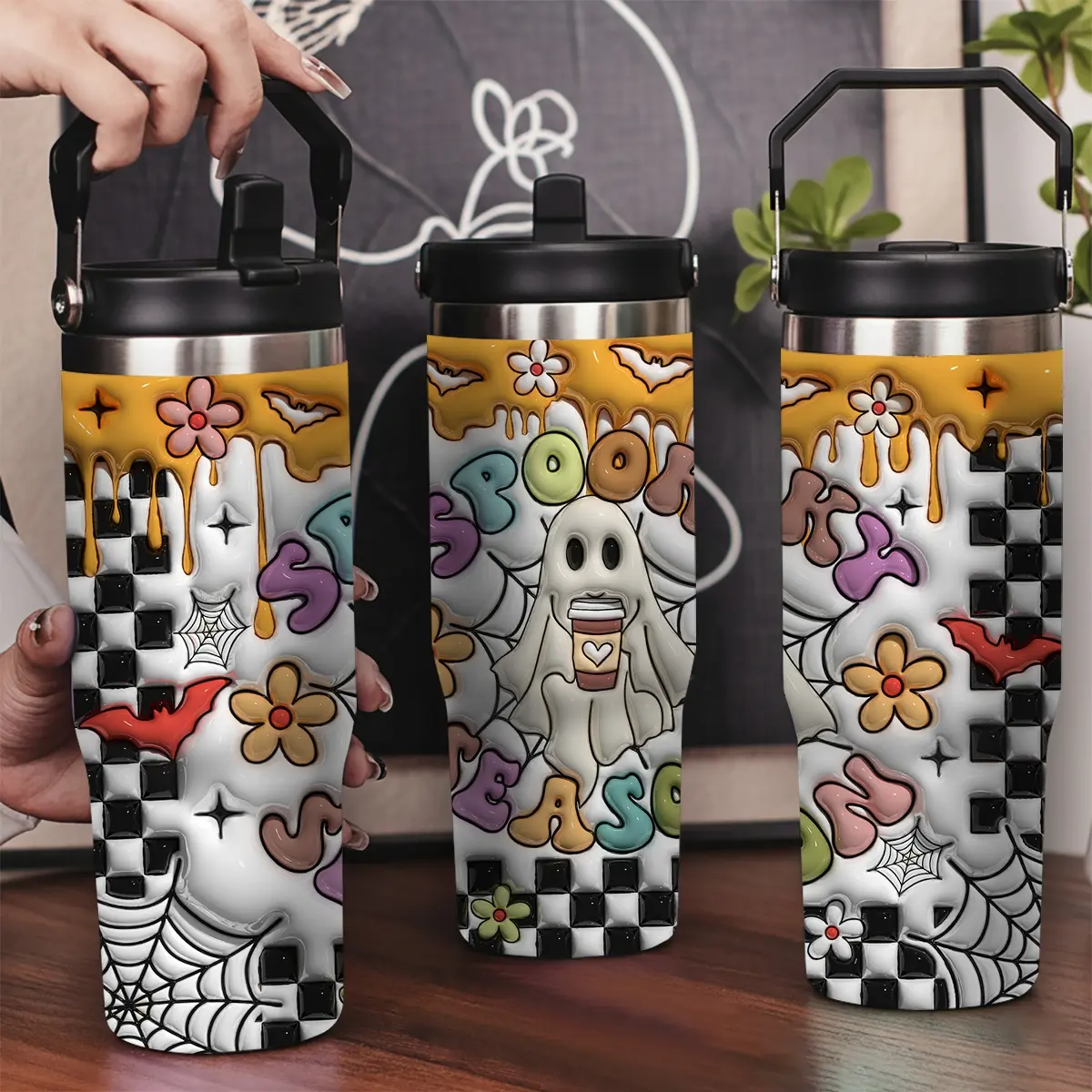 30oz Stainless Steel Double Layer Vacuum Insulated Tumbler - Leak-Resistant Lid, Portable Handle, Halloween Ghost Pattern, Long-Lasting Hot/Cold Retention, Ideal for Car/Office, Kitchenware Drinkware Gift, Double Layer Insulated, Leak Resistant Tumbler