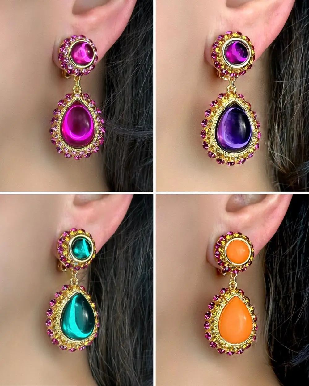 Bright Lucite Teardrop Earrings Edged With Fuchsia Crystals  (Clip or Pierced)