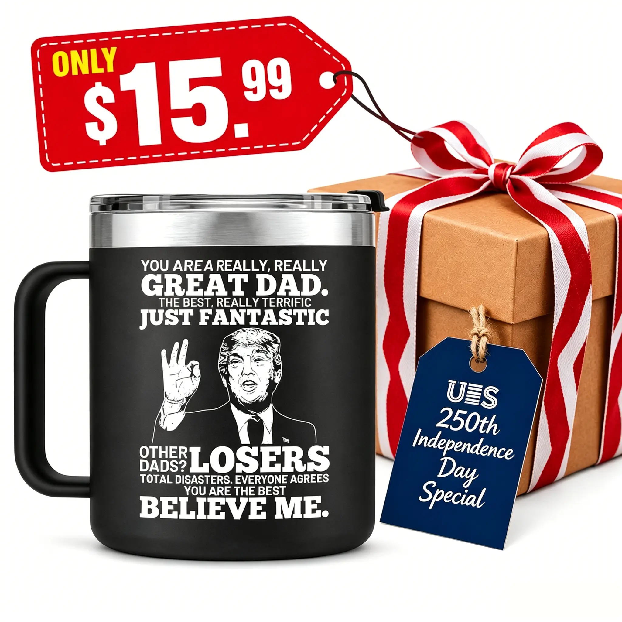 Trump 16oz Stainless Steel Coffee Mug with Lid – 4th of July Gift for Dad, Grandpa, Husband, Patriotic Present for Him