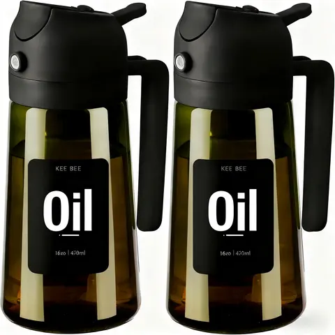 Home Supplies 2-Pack Light-Proof Glass & Plastic Oil Dispenser Bottle & Spray Type Set, 16oz/470ml (0-500ml Range) for Kitchen Cooking, Salad Dressing Prep