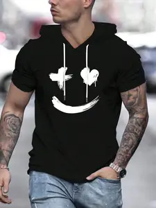 Men's Solid Color Hooded Short Sleeve T-Shirt, Trendy Streetwear for Summer, American Style Casual Hoodie for Versatile