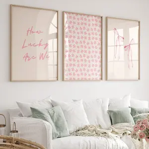Trendy Pink Wall Art Set of 3, How Lucky Are We Print, Coastal Preppy Floral Bow Art, Aesthetic Coquette Dorm Room Decor, Chinoiserie Prints