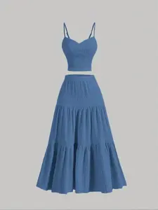 Women's Solid Crop Cami Top & A-line Skirt Two-piece Set, Casual Fashion Cozy Minimalist Two Piece Spaghetti Strap Outfits for Daily Wear, Ladies Clothes for Summer, Womenswear, Casual Formal Set, Matching Clothing Set