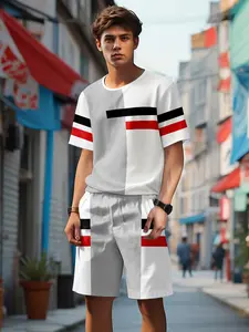 Boys' Colorblock Striped Set, Shorts, Elements, Casual Summer Street Style, Outdoor Wear, Fitted All Seasons