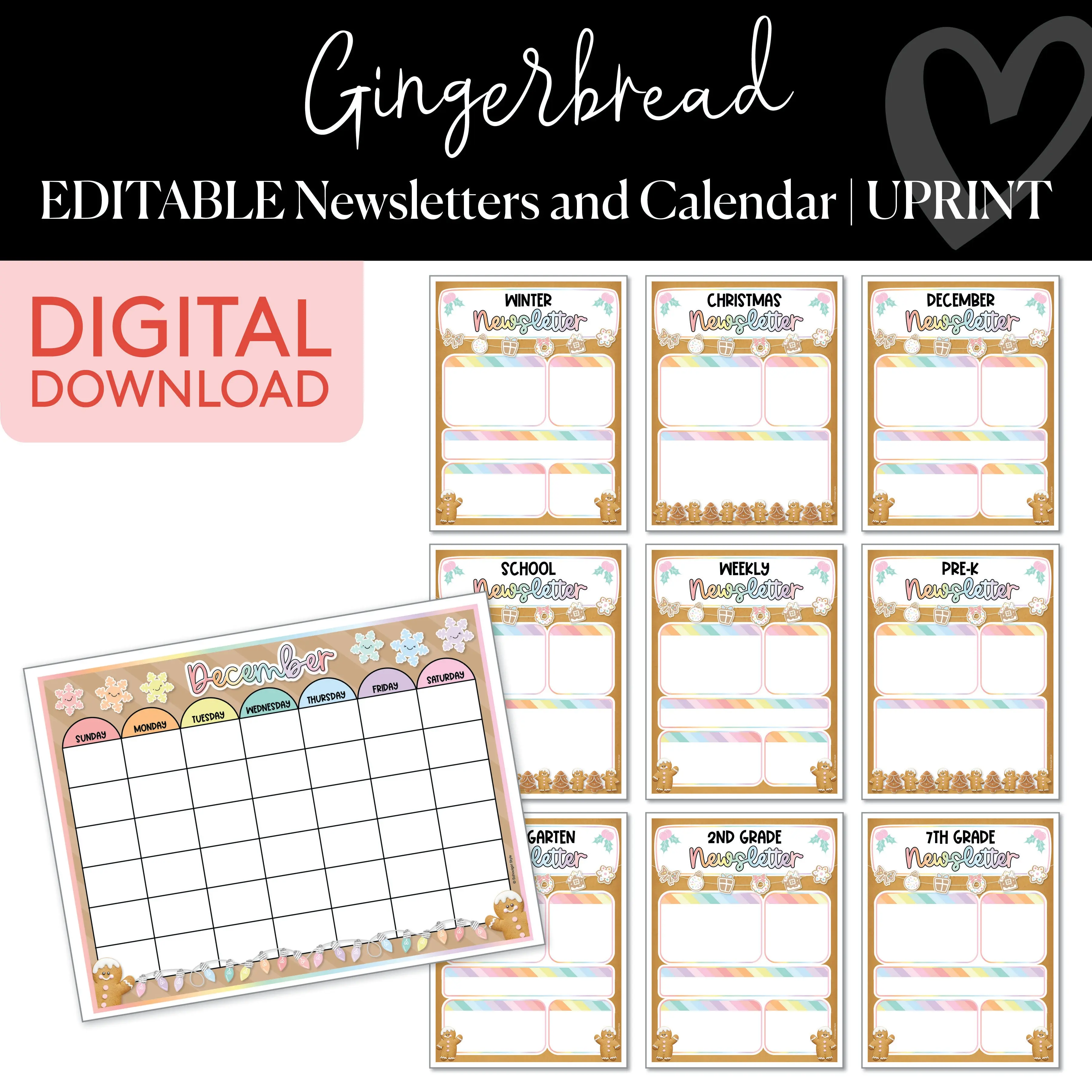 Classroom Newsletters and Calendar Sheet | Pastel Gingerbread | Christmas | Printable Classroom Decor | Schoolgirl Style
