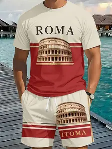 Roman Men's 3D Digital Printed Two-piece Retro Colosseum Set, 2Pcs, Trendy Fashion Outfit, Stylish Retro Casual Two-piece Suit, VacatRetro Set Men's 3D Digital Print Two-Piece Suit, Fashionable Vintage Casual, Breathable Sporty Style, Perfect Holiday Gift