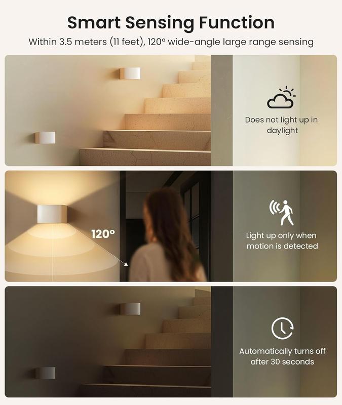 Motion Sensor Wall Light with Remote Control 3 Colors Wireless Wall Sconces LED Indoor Up and Down Lamp 5000mAh Rechargeable Battery Powered Brightness Adjustable White 2 Pack