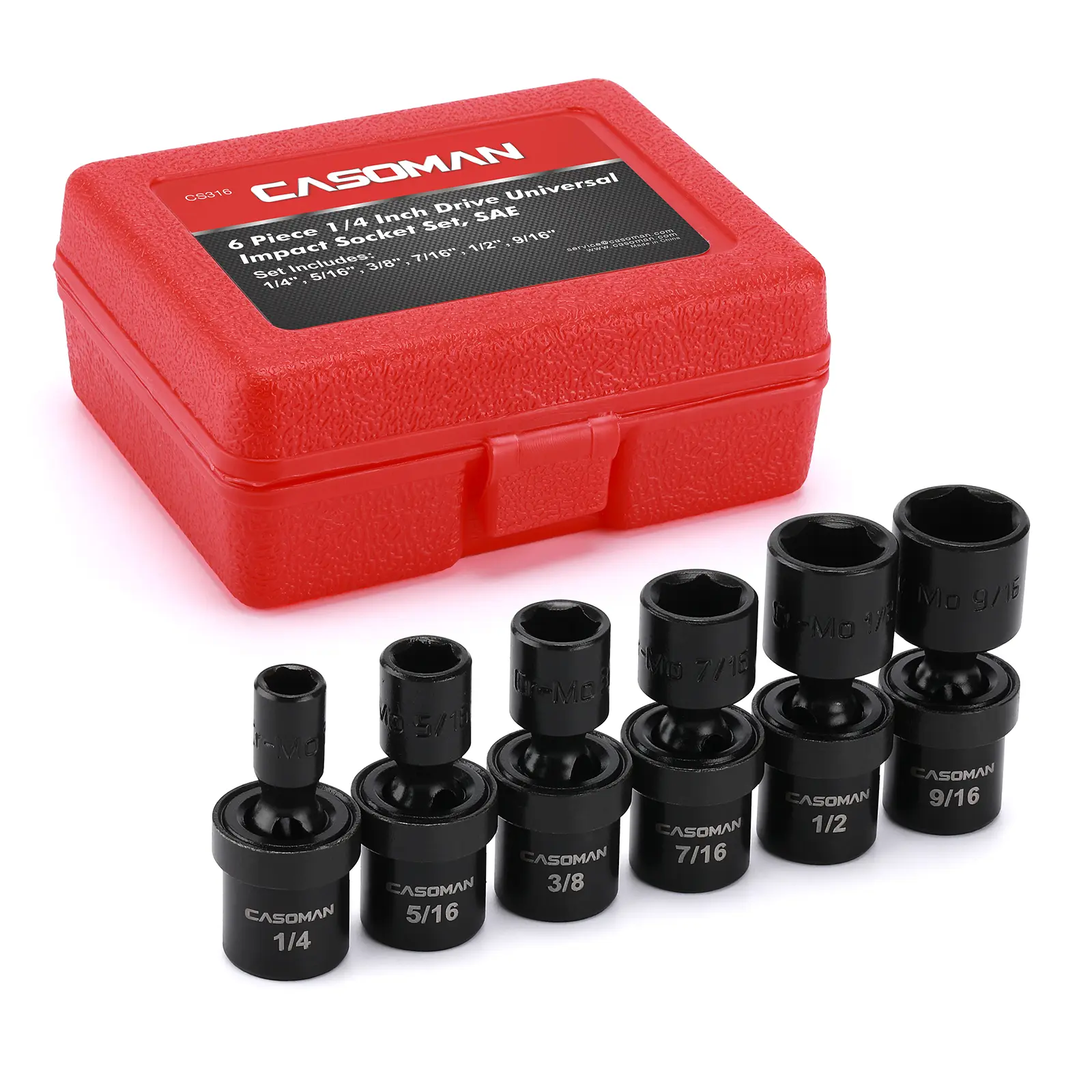 CASOMAN 6-Piece SAE Drive Socket Wrenches Set, 1/4" Drive Shallow Universal Cr-Mo Steel Sockets (1/4"-9/16") with Flexible Design, Laser Marking, Full Rotation & Tight Spaces Compatibility