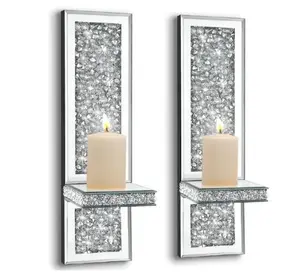 Set of 2 Silver Mirrored Candle Sconces for Home Wall Decoration Living Room Dining Room & Bedroom Sparkling Mirror Design
