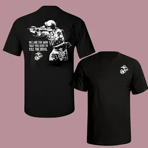 U.S. Marine Corps T-Shirt & Hoodie Bold Soldier with Rifle Graphic and Kill the Devil Quote 2 Sides Soft Cotton Blend Tactical Military Pride Unisex Fit Casual