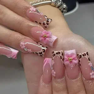 24pcs 3D Leopard French Press-On Nails with Flowers - Reusable Manicure Nail Tips, Cutics-Friendly Short & Long Ins Style for Party, Wedding Buy One Get One Free Fashion Set acrylic false nail