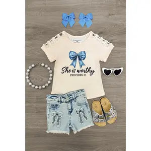 "She Is Worthy" Denim Bow Short Set