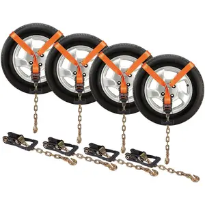 SummerWinsVEVOR Car Tie Down with Chain Anchors, Lasso Style 2×120 Tire Straps, 5865 LBS Working Load, 11023 LBS Breaking Strength, with Heavy Duty Ratchets for Passenger Car, ATV, SUV, UTV, Truck, 4-Packdealsforyoudays