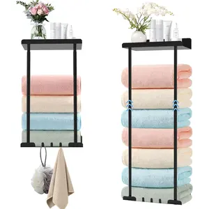 Hommtina Black Retractable Height Metal Towel Rack with Reliable Hooks for Rolled Towel Storage and Bathroom Wall Mounting Large-capacity Rust-proof Design