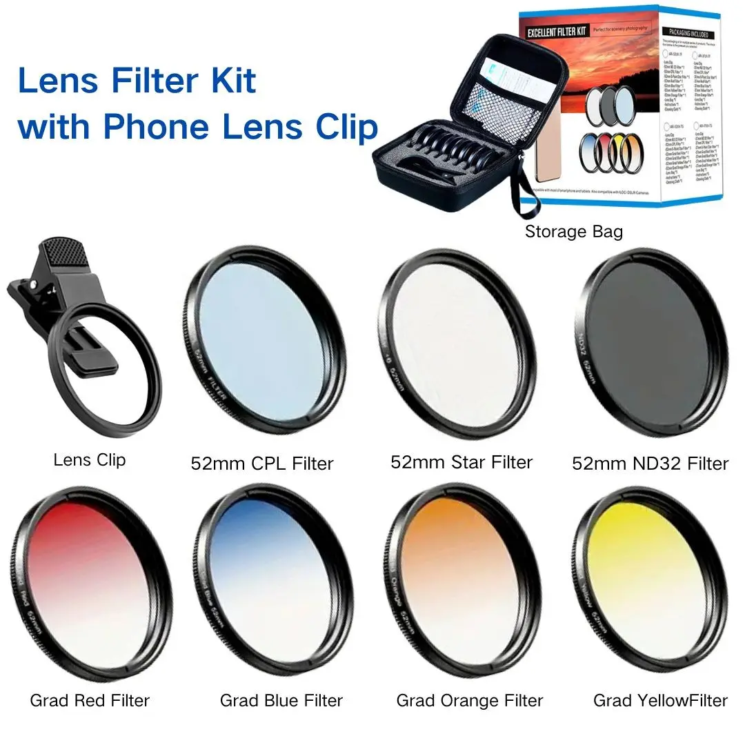 Clip-On Gradient Filters Kit for Phone & Camera – 7 Interchangeable Lens Filters Set with Universal Clip, Portable Camera Lens Kit for Photography, Video, Vlogging & Content Creation, Mobile Lens, Lens Attachments, Smartphone Camera Accessories
