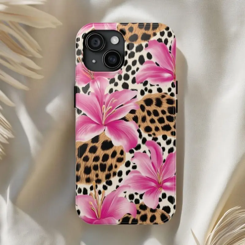 Leopard & Pink Hibiscus Smartphone Case, Tropical Floral-Animal Print Cellphone Shell, Y2K Collage Handheld Cover, Trendy Cute Phone Accessory for iPhone 11 12 13 14 15 16 17 Pro Max Air Plus