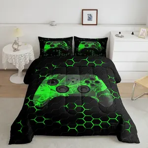 Feelyou Gamer Microfiber Bedding Set - Breathable Soft Lightweight Geometric Honeycomb Hexagon Pattern Green Black Duvet & Blanket for Boys, Breathable Soft Blanket