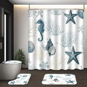 LVRLVR 4Pcs Nautical Seahorse & Starfish Print Coastal Multi-Color Shower Curtain Set 70.8×70.8 Inch