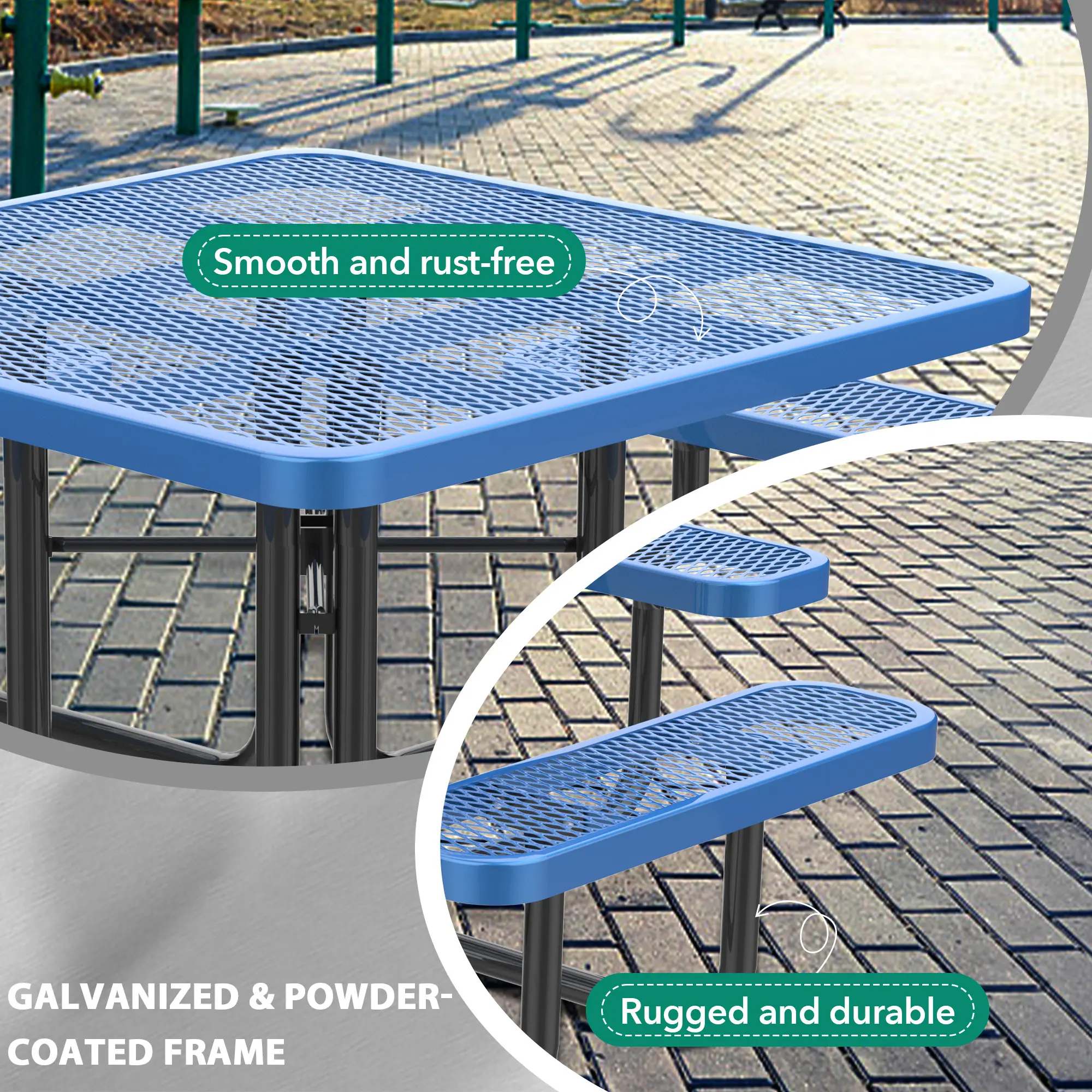 46" Square Outdoor Steel Picnic Table with Umbrella Hole, Heavy-Duty Coated Frame for Patio, Park, or Campus