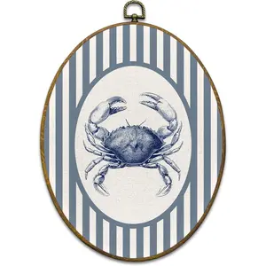 Mcehtle Coastal Beach Crab Wall Art Decor, Ocean Beach Nursery Framed Canvas Prints 8.6x11.4, Blue Striped Crab Ocean Oval Wall Hanging Artwork Decorations for Kids Nursery Room Bedroom Home
