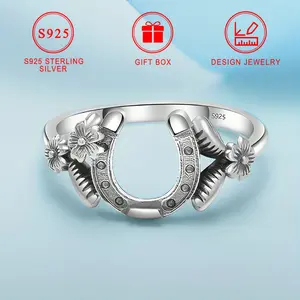 925 Sterling Silver Horseshoe Ring Gift for Ladies, Classic Retro Floral U-Shaped Band, High Quality Jewelry, Suitable for Daily Wear and Gift, with Gift Box