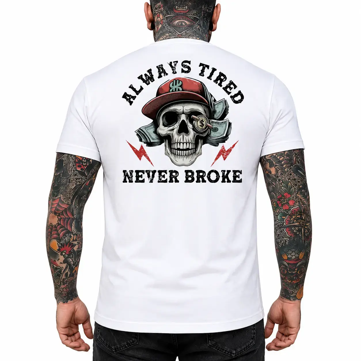 Men's Short-Sleeve Graphic T-shirt with "Always Tired Never Broke" Print, Soft Cotton Casual Streetwear Apparel, Shortsleeve, Menswear, Fabric, Graphics, Round Neck, Tshirt, Relaxed Fit