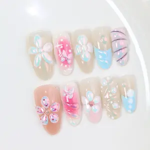 Almond Shape Collection Medium Length 23mm Press-On Nails Floral Design Icute Acrylic Fake Nails Handmade High Quality Reusable 10 Pcs Nail Art Charm Sea Blue Cat Eye Magnetic Polish Salon glossy manicure Wearable Mixed Color Acrylic Nail Set Gold 3D Chri